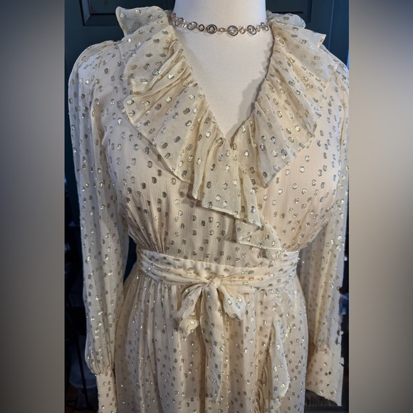 STUNNING Zimmermann Cream Long Sleeve Wrap Dress with Shining Gold Accents - Picture 7 of 16